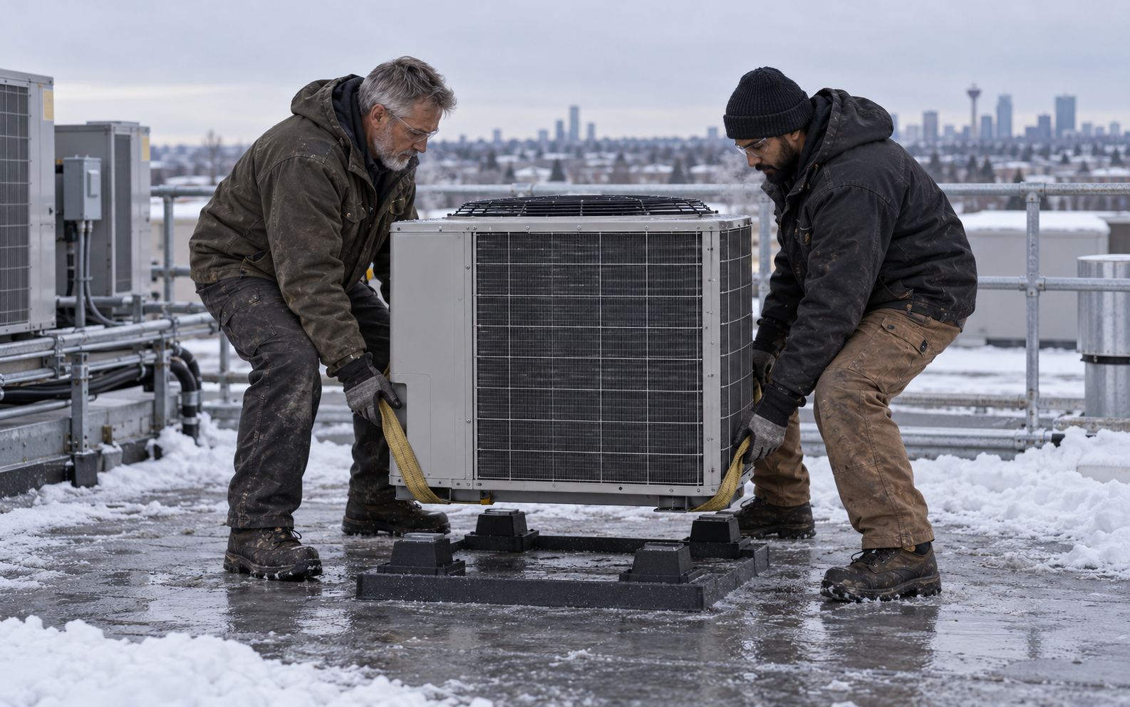 Two techs setting a condensing unit on a rooftop pad in winter