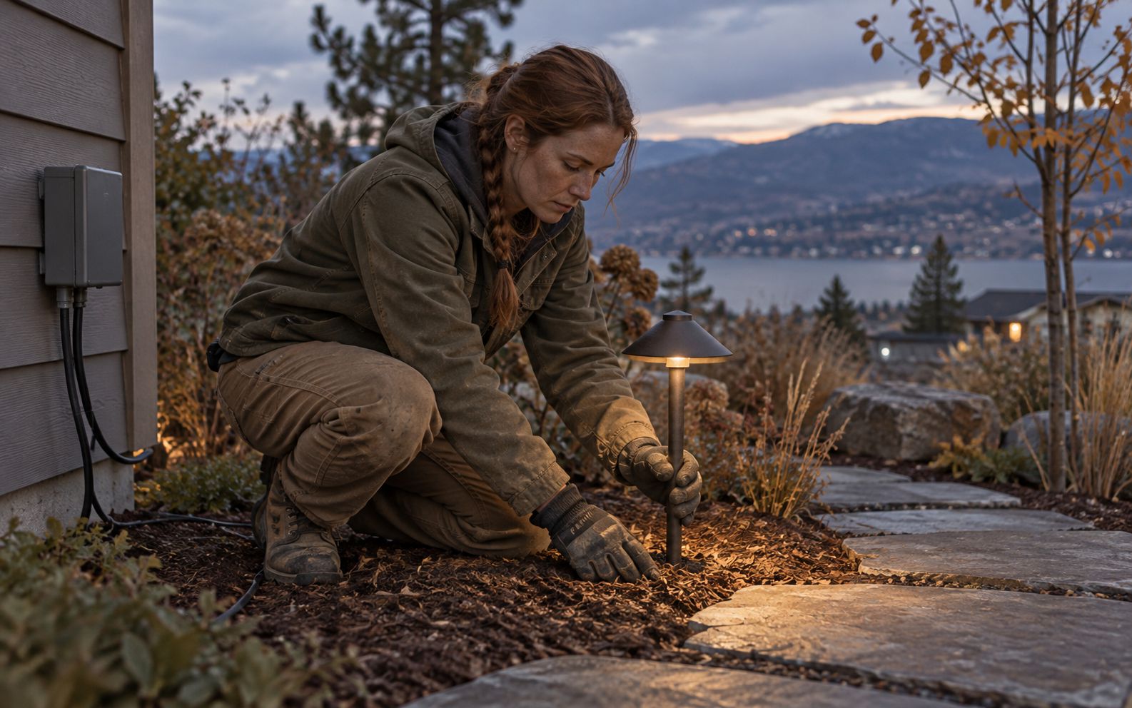 Brink crew member setting a low-voltage path light beside a flagstone walk
