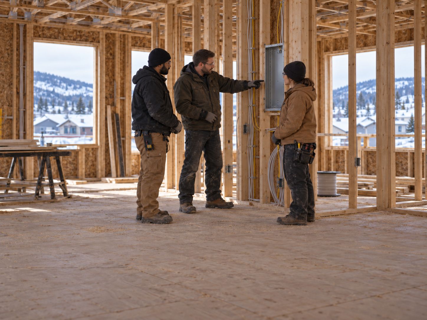 Owner walking two electricians through a panel location on a rough-in