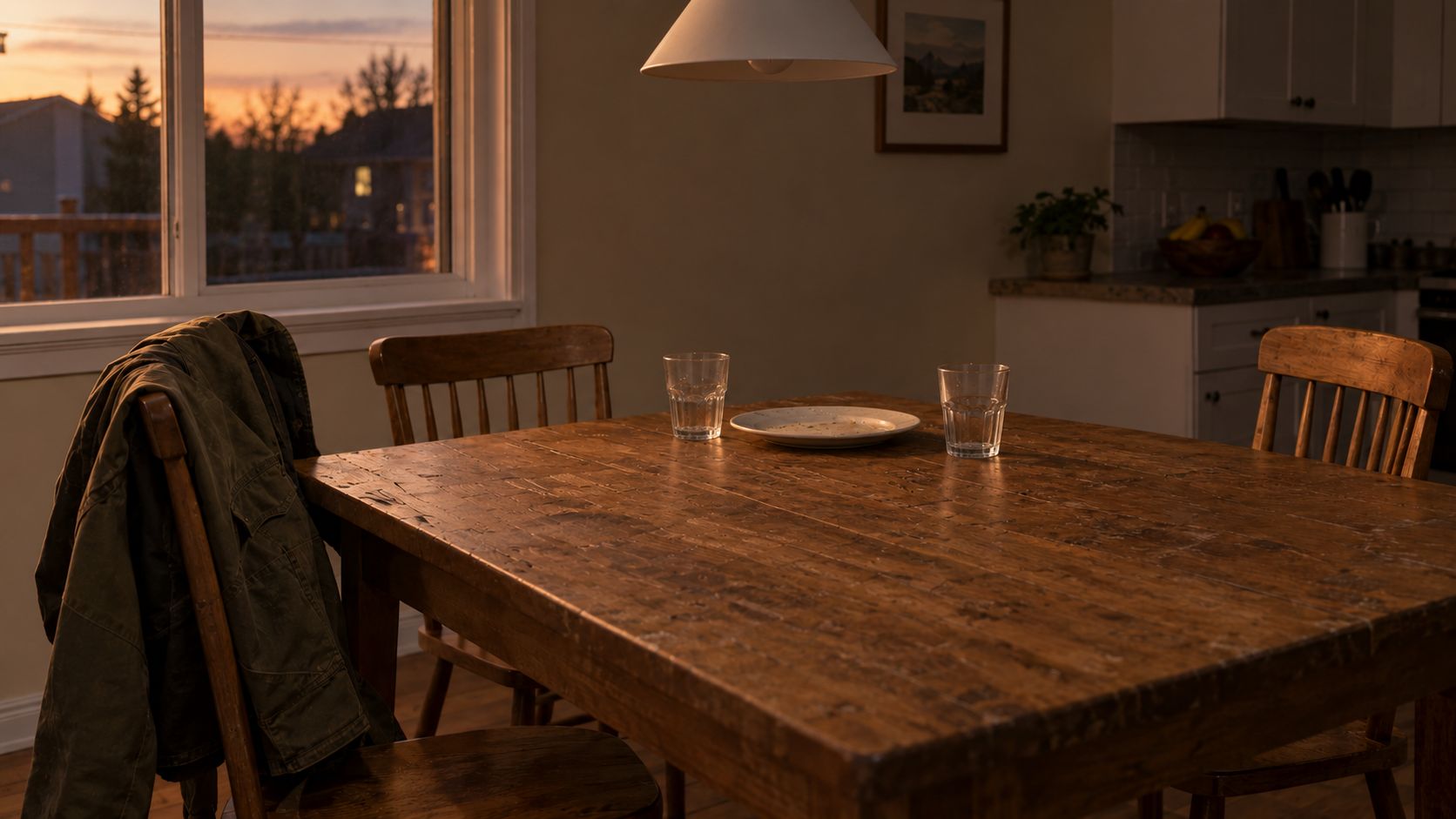 The kitchen table, cleared, with dinner plates and a work jacket on the chair
