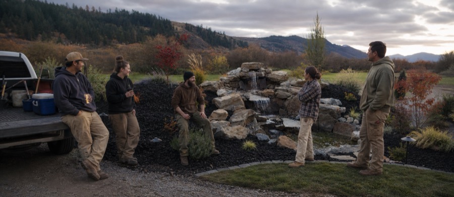 Brink Landscaping crew beside a finished dry-stack water feature