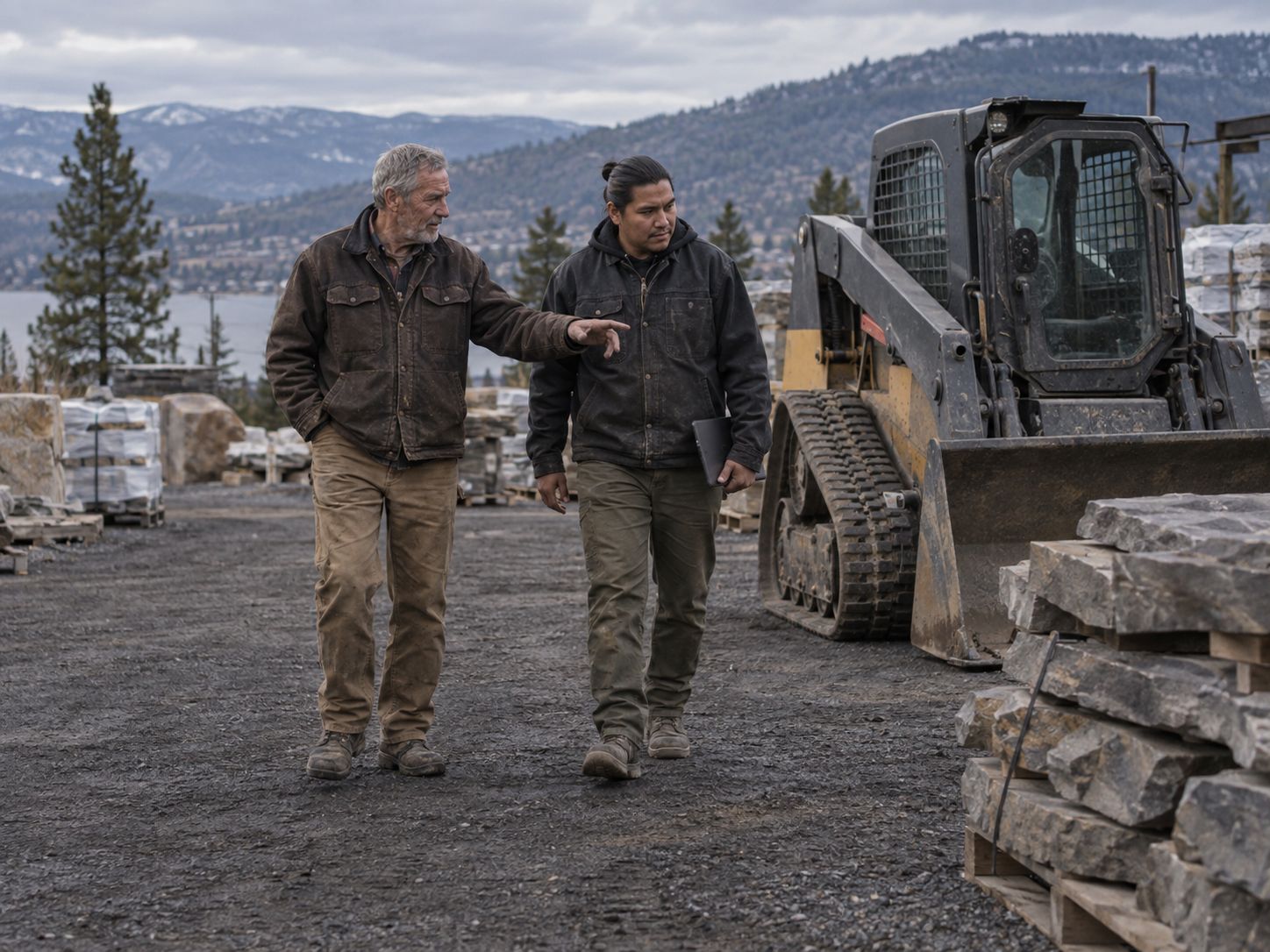 Retiring owner walking the yard with his foreman